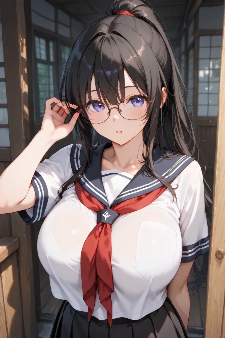 masterpiece,highest quality,wonderful,finely,High resolution,1 girl, big breasts,(sailor swimsuit:1.3), black hair, glasses, green eyes,twin tails,full body
