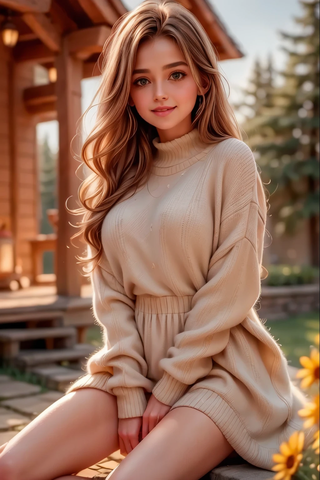 warm, golden light, illuminates, detailed, face, serene, expression, gentle, smile, calm, peaceful, 4k, high resolution, photorealistic, stunning, dramatic, cinematic, soft, glowing, natural lighting, idyllic, landscape, scenic, outdoor, countryside, rolling hills, lush greenery, flowers, vibrant colors, beautiful, classical painting, oil painting, masterpiece