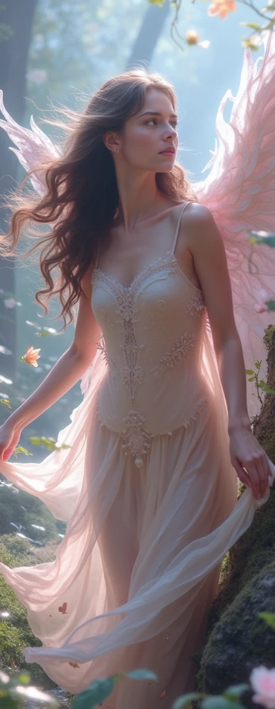 In this mesmerizing world, a beguiling Gabriella Kurus, adorned in an otherworldly ethereal gown, gracefully wanders the enchanting garden with a solitary grace, gliding beneath an archway that's laden with fragrant blossoms, and each captivating moment is captured as if from the perspective of an angelic bird, revealing her dreamlike presence in all its glory. <lora:louqrz18f68ad8f9at14f:1>