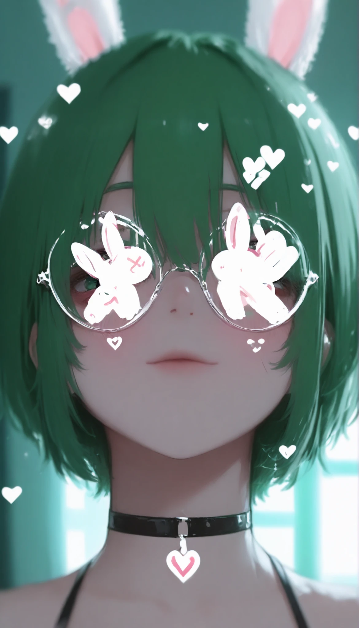 1girl, solo, animal ears, rabbit ears, choker, glasses, round eyewear, green hair, short hair, looking at viewer, hair between eyes, portrait, heart, blurry, bangs, black choker 