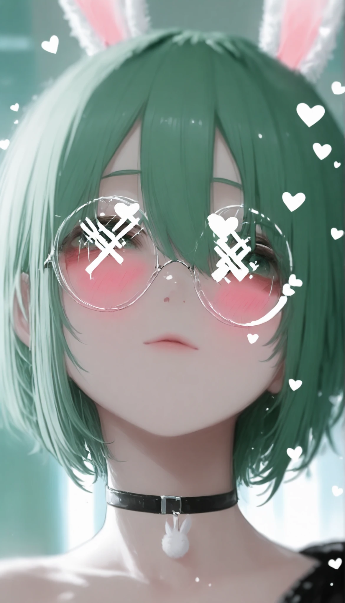 1girl, solo, animal ears, rabbit ears, choker, glasses, round eyewear, green hair, short hair, looking at viewer, hair between eyes, portrait, heart, blurry, bangs, black choker 