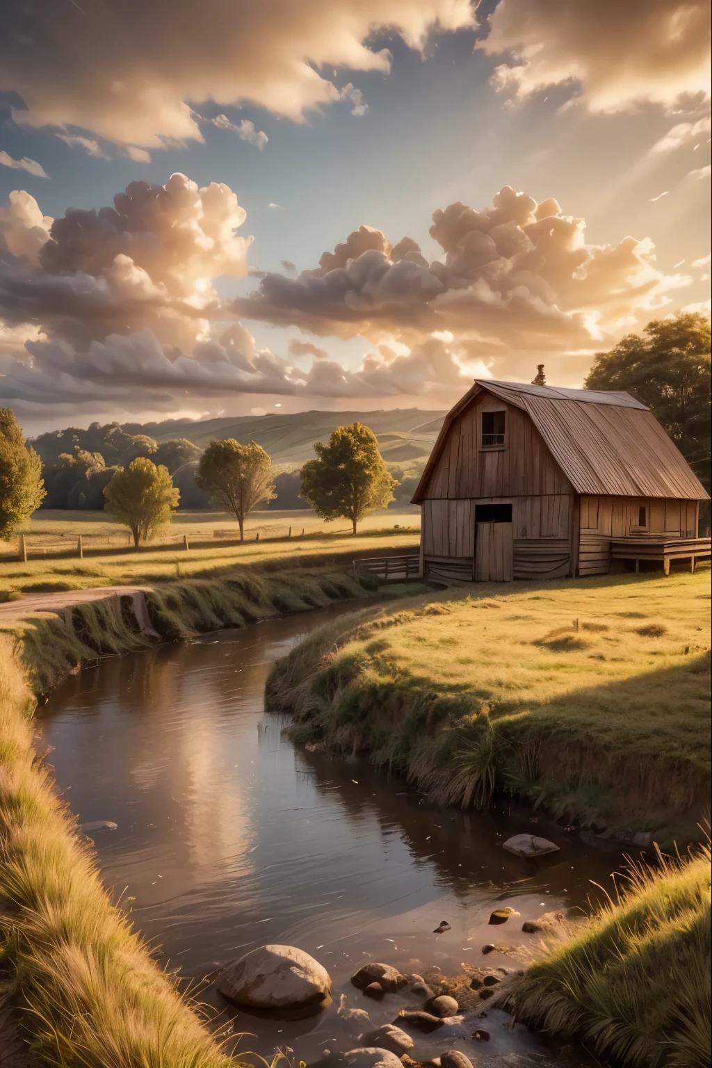 a warm, golden light illuminates a serene countryside landscape, rolling hills dotted with lush vegetation, a small winding river reflecting the warm glow, wispy clouds drifting overhead, a picturesque barn nestled in the distance, the tranquil scene bathed in a soft, ethereal ambiancebest quality, 8K, high resolution, photorealistic, HDR, physically-based rendering, professional, vivid colors, warm golden light, rolling hills, lush vegetation, winding river, wispy clouds, picturesque barn, serene countryside landscape, tranquil ambiance