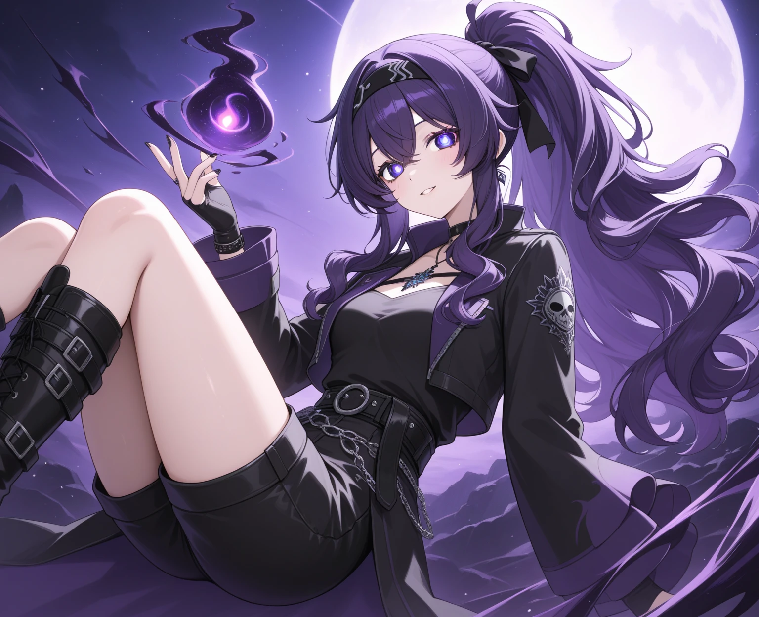 cheerful boy with open forehead. dark purple hair braided in a ponytail on the left side to one side. sinuous black horns wrapped in dark purple ribbon. pale violet eyes. in short dark purple shorts. long white T-shirt. dark purple knee-high socks. white long robe with hood. black ancient stone walls of the castle, purple light from lamps with golden ornaments lies on the sofa