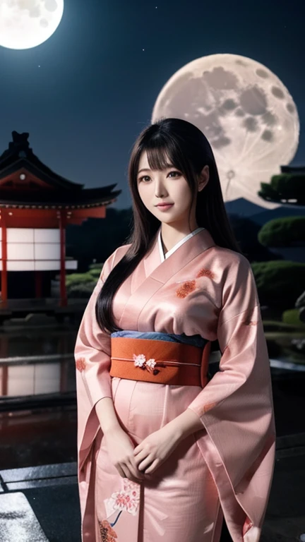 Japanese girl standing near japanese temple, full moon, night time, traditional pink Japanese dress, young 30 year old lady, long black hairs, traditional artistic japanese elements