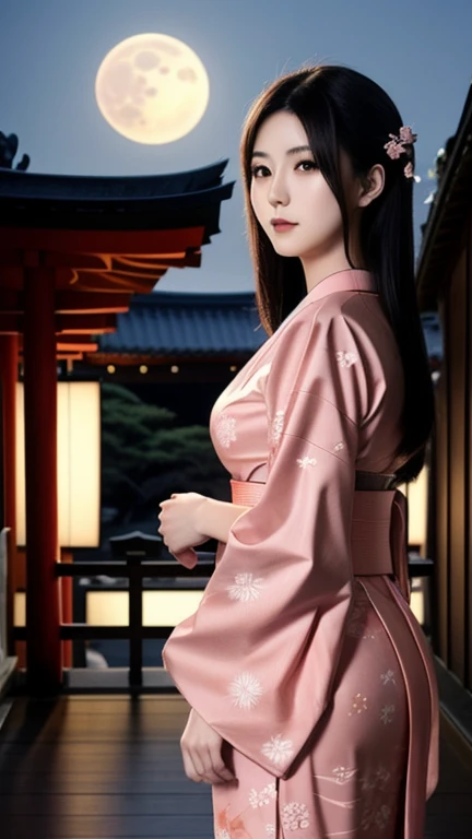 Japanese girl standing near japanese temple, full moon, night time, traditional pink Japanese dress, young 30 year old lady, long black hairs, traditional artistic japanese elements