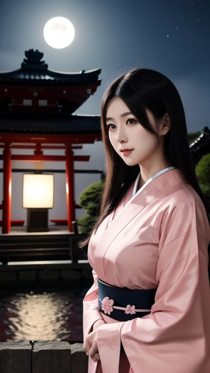 Japanese girl standing near japanese temple, full moon, night time, traditional pink Japanese dress, young 30 year old lady, long black hairs, traditional artistic japanese elements