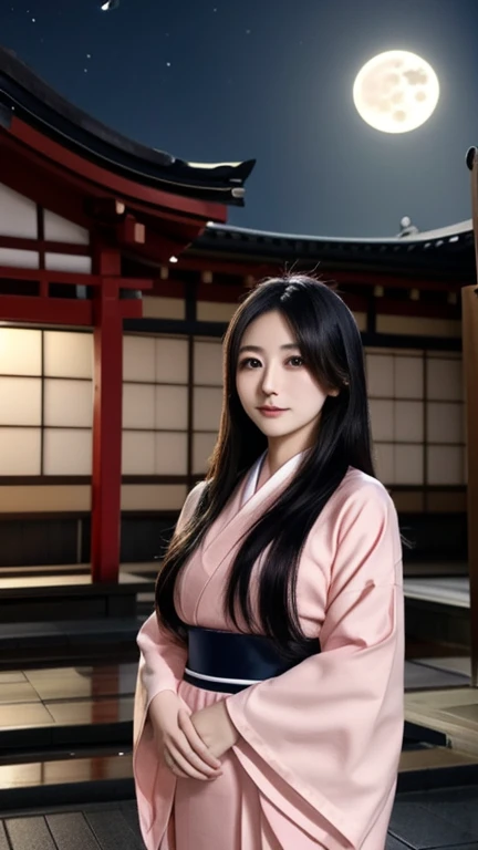 Japanese girl standing near japanese temple, full moon, night time, traditional pink Japanese dress, young 30 year old lady, long black hairs, traditional artistic japanese elements