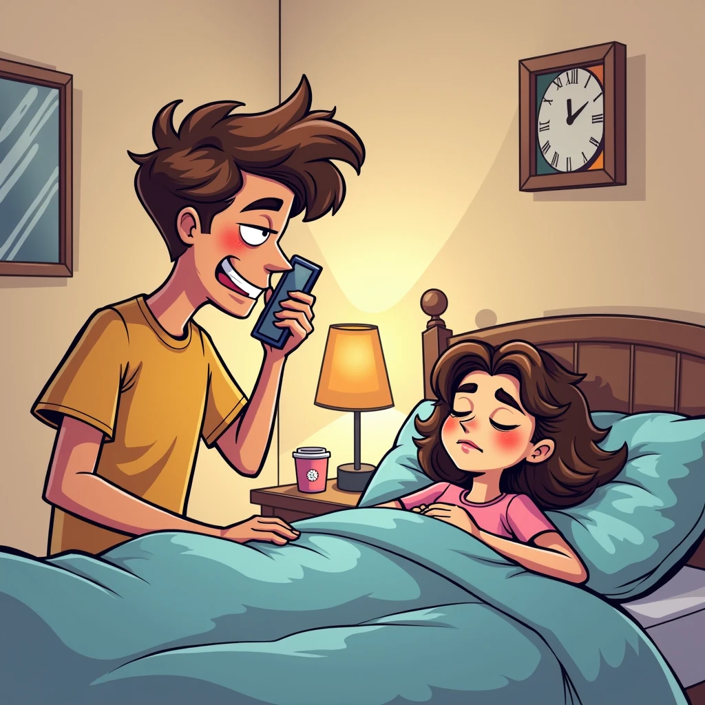A woman hide under the bed , her husband noticed it and talking in cellphone with holding a piece of note in his hand funny cartoon