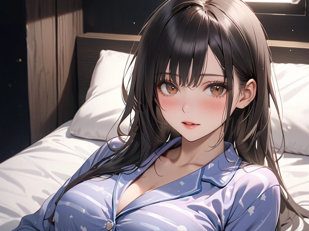 medium shot, Hands on hips, side glance, Shooting from below, Realistic, real person, RAW photo, photorealistic, portrait photography, shiny skin, japanese idol、(A 20-year-old woman with black bangs and purple eyes.) and (blunt bangs) and (straight midium hair), cleavage, (wearing flannel pajamas:1.5)、(embarrassed:1.2), open mouth, Alone、The background is indoors、Are standing