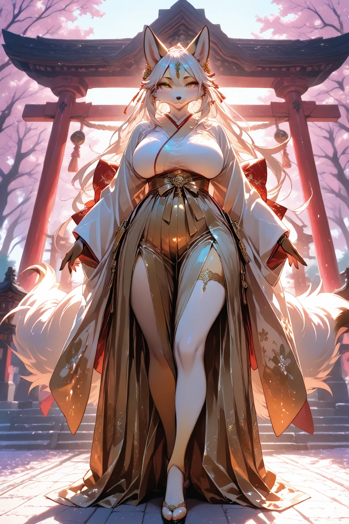a beautiful girl, Beautiful face, Beautiful body, Plump, ((shrine maiden)), Priestess clothing, white hair, gloves, long hair, bangs, blunt bangs, hair decoration, full body visible, Japanese Shrine, torii gate, Lamp , wide angle, Moonlight, 8k, accurate, anatomically correct, textured skin, high detail, best quality