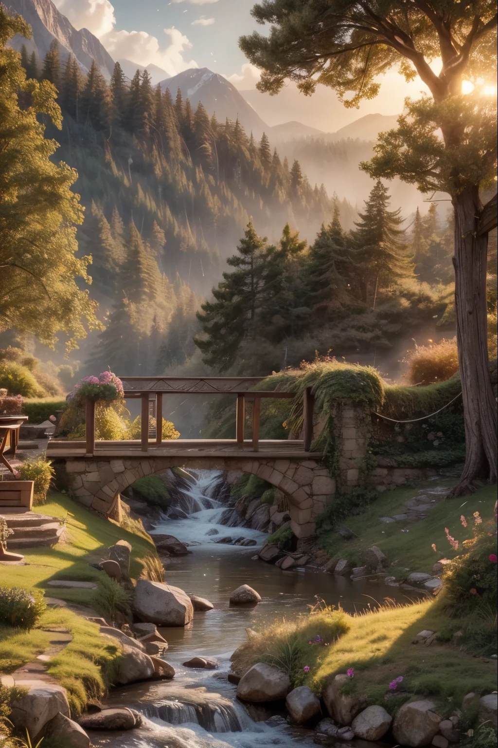 a warm, golden light illuminates a lush, verdant landscape, with rolling hills, towering trees, and a winding river cutting through the scene, the sunlight casting a soft, ethereal glow over the entire vista, creating a serene and tranquil atmosphere, with a sense of peace and harmony pervading the landscapebest quality,4K,8K,high resolution,masterpiece,ultra-detailed,realistic,photorealistic,photo-realistic,HDR,UHD,studio lighting,ultra-fine painting,sharp focus,physically-based rendering,extreme detail description,professional,vivid colors,bokeh,detailed landscape,rolling hills,towering trees,winding river,lush foliage,golden sunlight,serene atmosphere,tranquil scene
