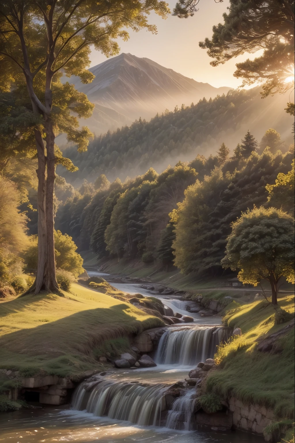 a warm, golden light illuminates a lush, verdant landscape, with rolling hills, towering trees, and a winding river cutting through the scene, the sunlight casting a soft, ethereal glow over the entire vista, creating a serene and tranquil atmosphere, with a sense of peace and harmony pervading the landscapebest quality,4K,8K,high resolution,masterpiece,ultra-detailed,realistic,photorealistic,photo-realistic,HDR,UHD,studio lighting,ultra-fine painting,sharp focus,physically-based rendering,extreme detail description,professional,vivid colors,bokeh,detailed landscape,rolling hills,towering trees,winding river,lush foliage,golden sunlight,serene atmosphere,tranquil scene