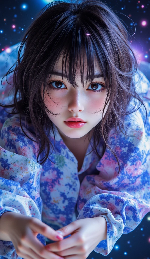 score_9, score_8_up, score_7_up, score_6_up, ((((masterpiece, best quality)))), ((realistic, photorelistic, detailed face, detailed skin, detailed eyes, sharp focus)), BREAK, fashion photograph of 1cute Japanese-girl, 1girl, , looking at viewer, seductive smile, blush, make-up, pink lips, BREAK, (blonde wavy hair:1.2), (side locks:0.66), (Very long hair:0.66), (bangs:0.66), BREAK, (purple eyes:1.2), BREAK, (breasts, Very large breasts, ample, cleavage:1.3), BREAK, white shirt, collared shirt, (lace trim, open clothes:1.3), black bra, underwear, black panties, thick thighs, collarbone, two side up, (lying:1.4), BREAK, (oily skin, shiny skin, glistening skin:1.3), BREAK, (curtains, pillows, ultra-detailed bed background:1.3), more detail, (on bed, on side:1.4), bokeh, depth of field, female focus,