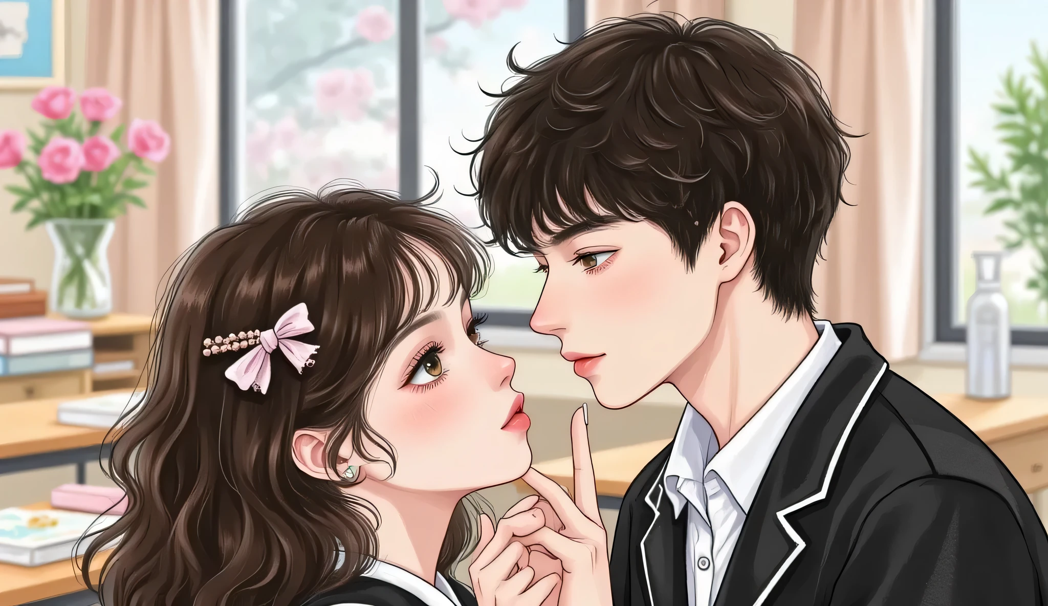 confident high school girl with intense gaze facing a glamorous rich girl, both in school uniforms, classroom background, douyin eye makeup, elegant and sharp facial features, manhwa semi-realistic portrait, tense confrontation