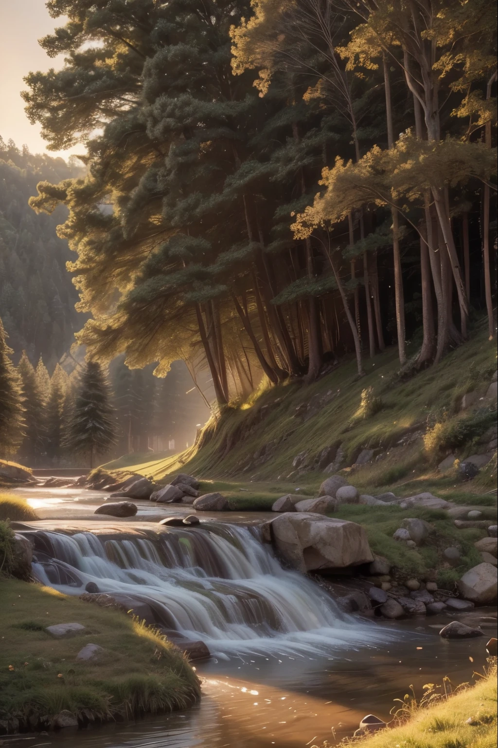 a warm, golden light illuminates a lush, verdant landscape, with rolling hills, towering trees, and a winding river cutting through the scene, the sunlight casting a soft, ethereal glow over the entire vista, creating a serene and tranquil atmosphere, with a sense of peace and harmony pervading the landscapebest quality,4K,8K,high resolution,masterpiece,ultra-detailed,realistic,photorealistic,photo-realistic,HDR,UHD,studio lighting,ultra-fine painting,sharp focus,physically-based rendering,extreme detail description,professional,vivid colors,bokeh,detailed landscape,rolling hills,towering trees,winding river,lush foliage,golden sunlight,serene atmosphere,tranquil scene