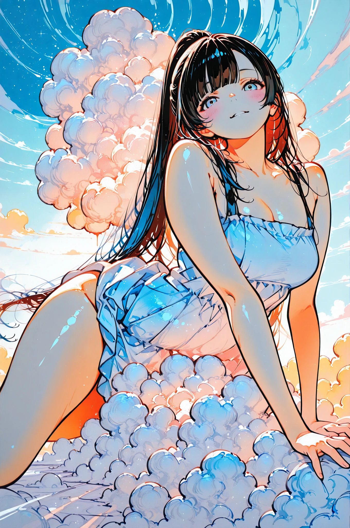 yaoyorozu momo, Summer dress, short pink dress, lifted dress, wind, wet white panties, playa, standing, medium breasts, perfect legs, perfect arms, pose sexy, perfect body, noon