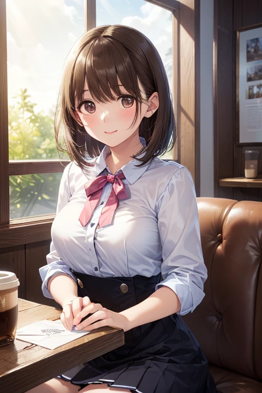 Highest Quality 、 high definition、( high definition:1.2)、masterpiece、 detailsな背景 、 details、( detailsな色:1.4)、 detailsな表情 、 detailsな目、 anatomically accurate、(Normal number of fingers :1.Age beauty、( large size:1.3)、 The atmosphere spreads like the whole coffee shop is gently hugging 、 has a quiet melancholy moment 、 A woman sitting by the window quietly staring at the winter cityscape through cloudy glass {x} The small items casually displayed in the store that feel the wind create a space where the warmth of wood is gentle 、
( A nostalgic and cute coffee shop atmosphere where soft sunlight shines in :1.5)、
the aroma of coffee that rises from the cup、blends with the sound of the piano flowing through the store、It envelops her heart 、 A letter is placed on the table、ink that hasn't dried yet on her chest and、The story from inside is conveyed。、 Wear a pink pleated skirt with a white ruffle blouse 、 I recommend an up dress that gives a cute impression , wait. 、
,( masterpiece, best quality, high resolution, ultra high resolution, pixel perfect, depth of field, 4K, RTTX10.0),
、Anegasaki Nene, shiny brown hair, beautiful brown eyes, smiling face, sparkling pupils, (fine grain), , highly detailed face,, (masterpiece:1.2, best quality), ((only1 girl)), ((cowboy shot))