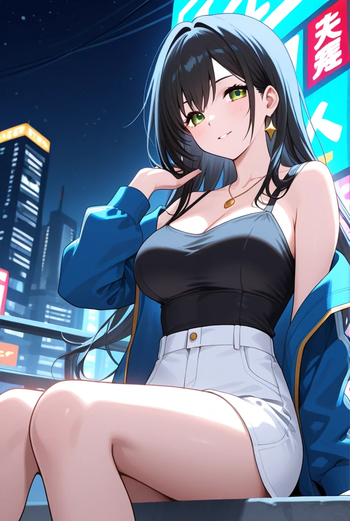 woman, very dark purple hair, purple eyes, long hair, large breasts, stylish blue hoodie, tight jeans, standing, (wetting herself:1.5), best quality, ultra-detailed, HDR, studio lighting, professional, vivid colors, sharp focus, bokeh, landscape, love hotel, bar counter, night, window, cityscape, colorful city, neon lights, futuristic, science fiction, soft lighting, dynamic shadows, embarrassed, humiliation, blushing, naughty face, seductive expression, facing viewer