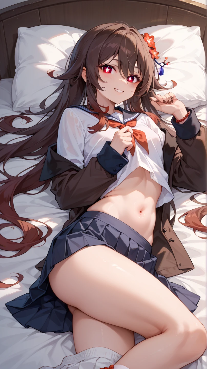 masterpiece, better quality,
In a dark room with twinkling candle lights, HuTao is lying in bed. Her body is wet and sweaty post-sex, bra lifting, no panties, with excessive cum on her legs and thighs, small breasts, naked, naked