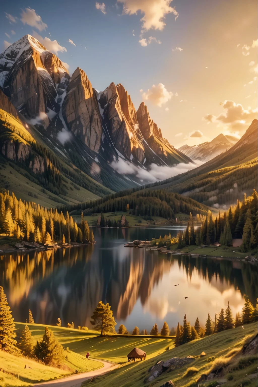 A warm, golden light illuminates a serene landscape, with rolling hills, lush greenery, and a tranquil lake reflecting the glowing sky. In the distance, a majestic mountain range stands tall, its peaks bathed in the soft, golden glow. The scene is peaceful and idyllic, inviting the viewer to bask in the warmth and beauty of the natural world.warm,golden_light,serene_landscape,rolling_hills,lush_greenery,tranquil_lake,reflecting_sky,majestic_mountain_range,distant_peaks,bathed_in_soft_glow,peaceful_idyllic_scene,natural_world