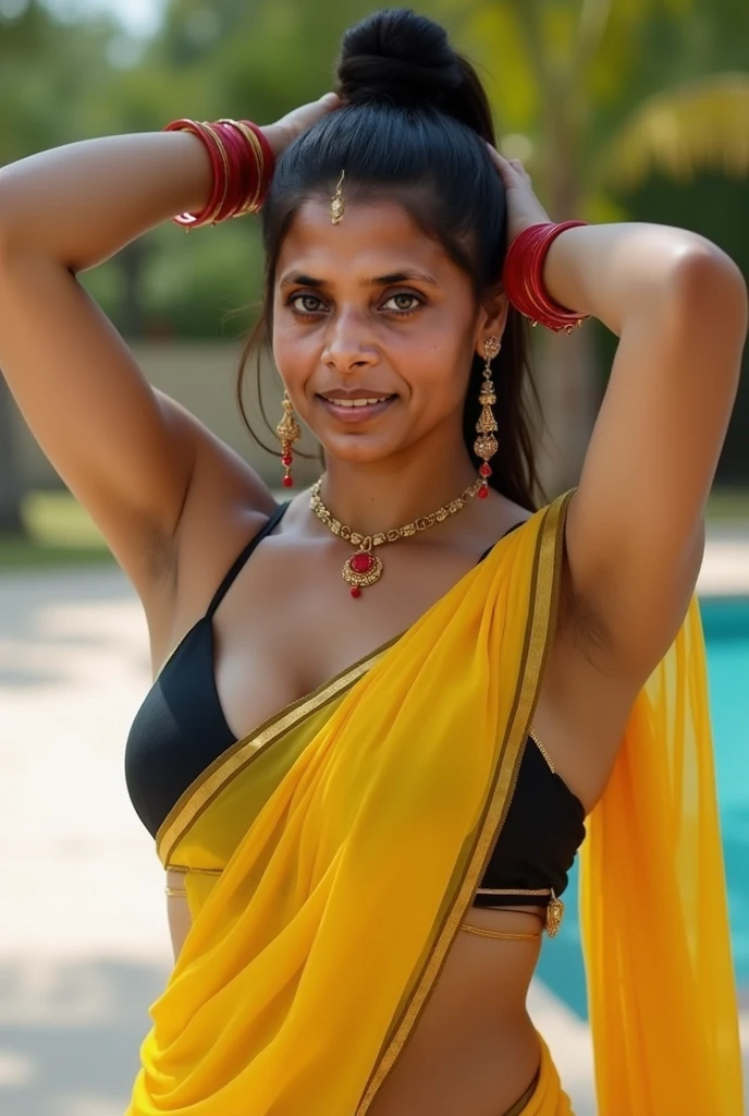 ((best quality)), ((masterpiece)), (detailed), a very beautiful 20 year old Indian girl, naked, very sweaty, thick hairy pussy, muscular abs, raising her hands high, on a hot day, at the beach