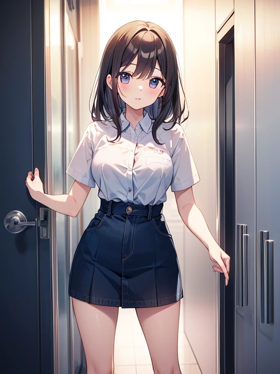 1girl, solo, white polo shirt, white sneakers, white denim shorts, masterpiece, best quality, realistic, hyper-detailed, (shiny skin, sweaty:1), absurd, looking at viewer, short black hair, brown eyes, slender, dynamic lighting, high resolution, sharp focus, depth of field, detailed eyes, medium boobs, (thick thighs:1.0), no background, full body, wide angle, standing