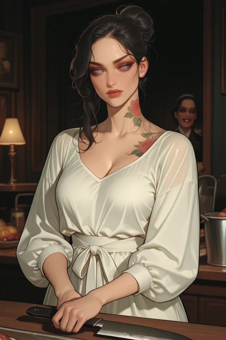 Hungarian woman with an athletic and toned physique; striking features with high cheekbones; green eyes; long, dark hair often styled in intricate braids; 'light olive' skin; best quality; trending on artstation; complex volumetric lighting; strong shadows; artistic lighting; dynamic; energetic vibe; realistic skin; specular highlights; micro-textures; highly detailed hair; in a dimly lit apartment at the dinner table; gang leader; wearing a sundress; razorwire tattoo circling upper arm