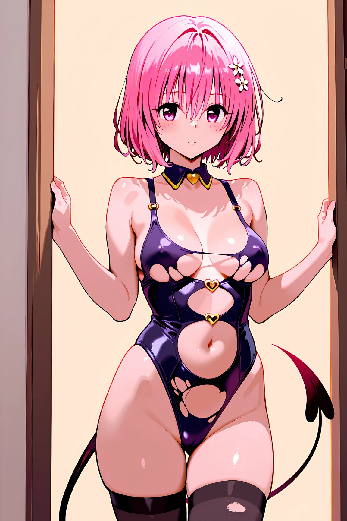 T-shirt design, upper body shot, centered in frame, (vibrant bright color palette), (curvy body), short (white hair:1.1), (pink micro bikini:1.3), (underboob:1.2), (choker), (heavy breasts), (bubble butt), (wide hips:1.1), (slim waist:1.1), (thick thighs:1.1), (detailed face and eyes:1.2), (standing up straight), (g-string:1.2), (straight bull horns:1.2) on her head, (succubus:1.2), flustered, flirt, shy, cumming, (detailed hand and finger:1.2), (medium breasts:1.2), (busty), (deep cleavage:1.2), (labia outline:1.3), (hard teat:1.3).