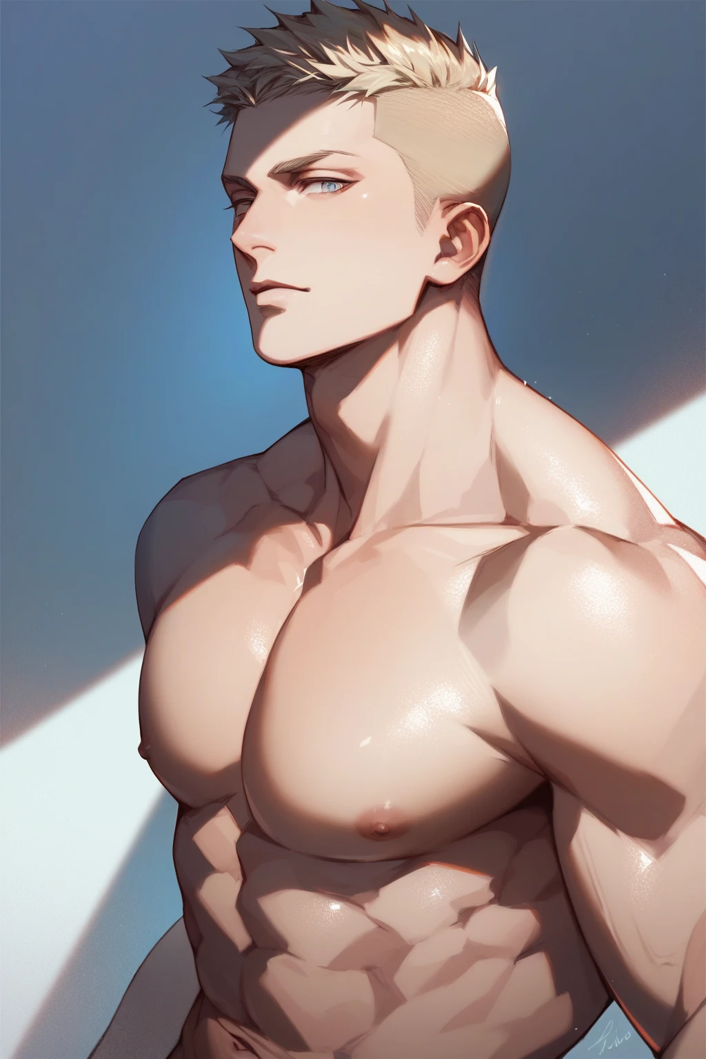 ((the best quality)), ((Masterpiece)), (details), perfect face, high definition, Masterpiece,4k,details clearly, Handsome face, white skin, perfect body, male body, strong muscles, abdomen, blue eyes, white skin, The most handsome man in the world, handsome, The coolest face, Male characters, close image (1man, shirtless), young man, mischievous smile, Extremely muscular tall man, open your eyes ((detailed eyes)), huge, muscular body and Massive, bulging pecs, muscular abs, narrow waist, short hair, blue eyes, delicate big eyes, carefree expression, clear face, handsome (detailed face, perfect face) ((extremely realistic shadows, bodybuilding posture, human, ((22-year-old young man)), V shape, athletic pants, athletic, Shirtless, Sunlight, Street wall, lower pants, topless, close up look, CG sense, Textured skin, the best quality, Storytelling images, lower your pants, show Panty line, Show your abs, show arm muscle, white hair, shining blue eyes, eyes contact