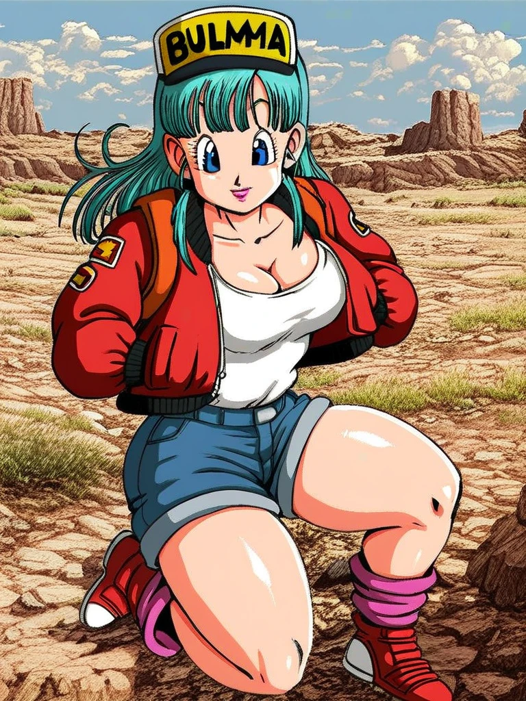 Young Bulma without the top of her dress showing her breasts 
