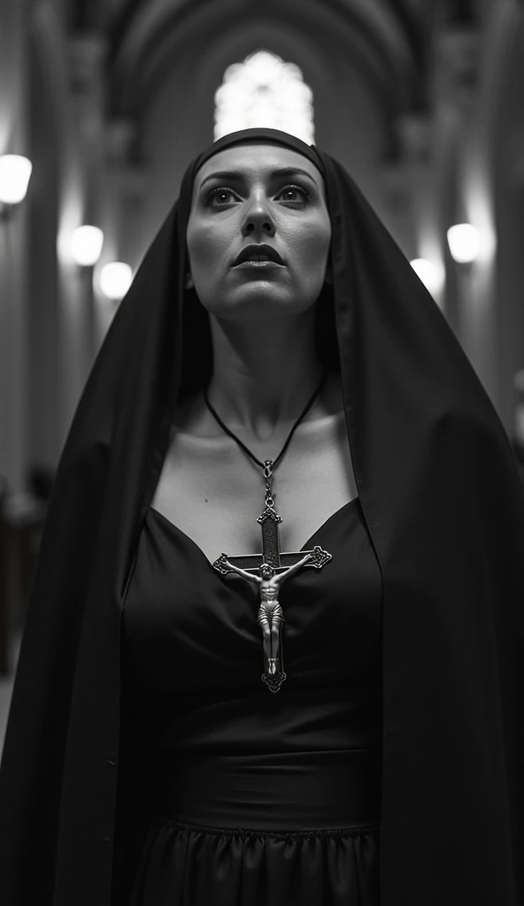 seventy year old, fat,dark hair, huge , creepy, scary, nun, horror theme, cult, , cult leader, worship, pale skin, stigmata, disappointed expression, nude
