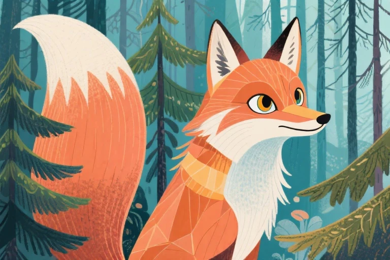 A hand-drawn portrait, fox, there is a fox, long fox tail, pointy fox ears, pine trees of a Taiga biome forest, fable, fairytale, whimsical fox, colorful s book illustration, fox animal, s book illustration, fairy tale, renbook illustration, foxy, cute storybook illustration, fox, rens book illustration, elegant, beautiful, geometric, realistic eyes with pupils and sclera