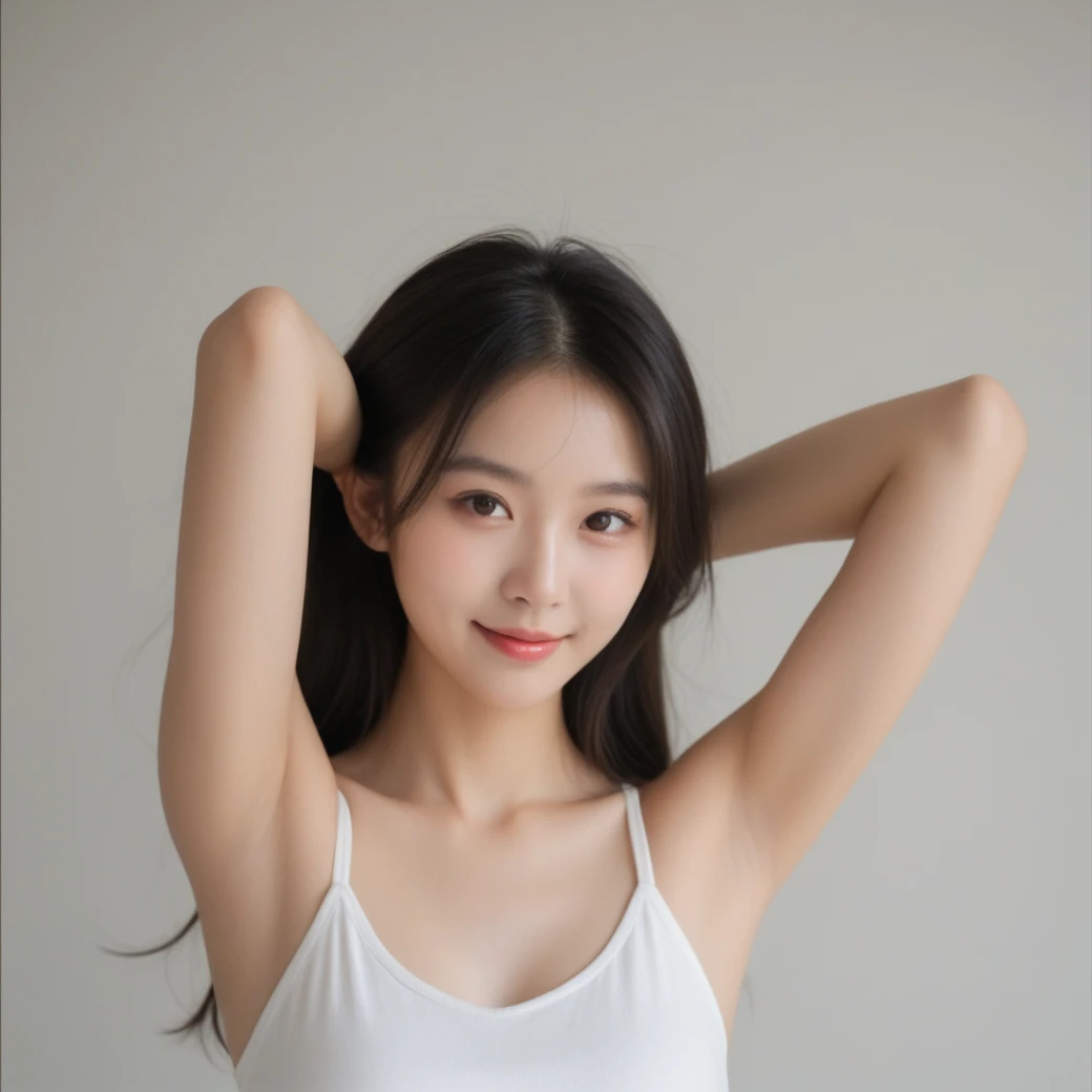Korean,9 ,female,pale skin,hands up, armpit