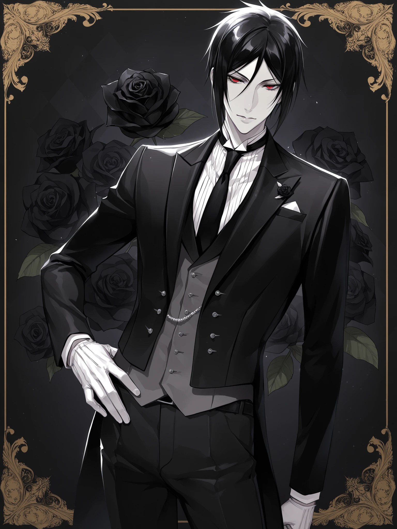 bishounen, tsurime, sebastian michaelis, high quality, red eyes, pale skin, black hair, mature male, tall, detailed suit and tie, posing, black rose background
