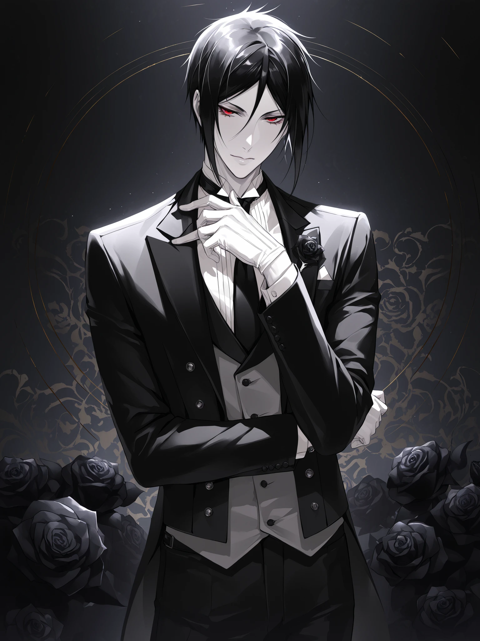 bishounen, tsurime, sebastian michaelis, high quality, red eyes, pale skin, black hair, mature male, tall, detailed suit and tie, posing, black rose background