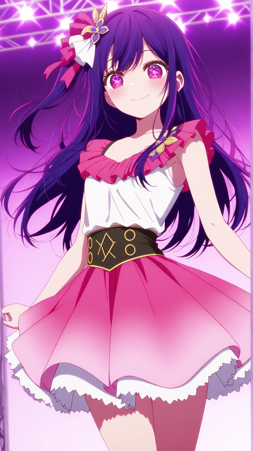 Ai Hoshino is a beautiful girl with gradient-colored eyes from purple to pink and a six-pointed star in each of her eyes. She is shown to have brownish-red hair on the first chapter cover but is shown to have more of a blue-purplish hair color on the volume cover. Her idol outfit is adorned in a pink aesthetic of varying degrees of lighter and darker shades. The outfit's design is an overall ruffled appearance. A black belt is located on her waist, and other miscellaneous accessories are present throughout the design: three blue stars on her chest, a heart-shaped necklace on her neck, and a bunny hairpin accentuated by two gold stars and a pink ribbon, full body