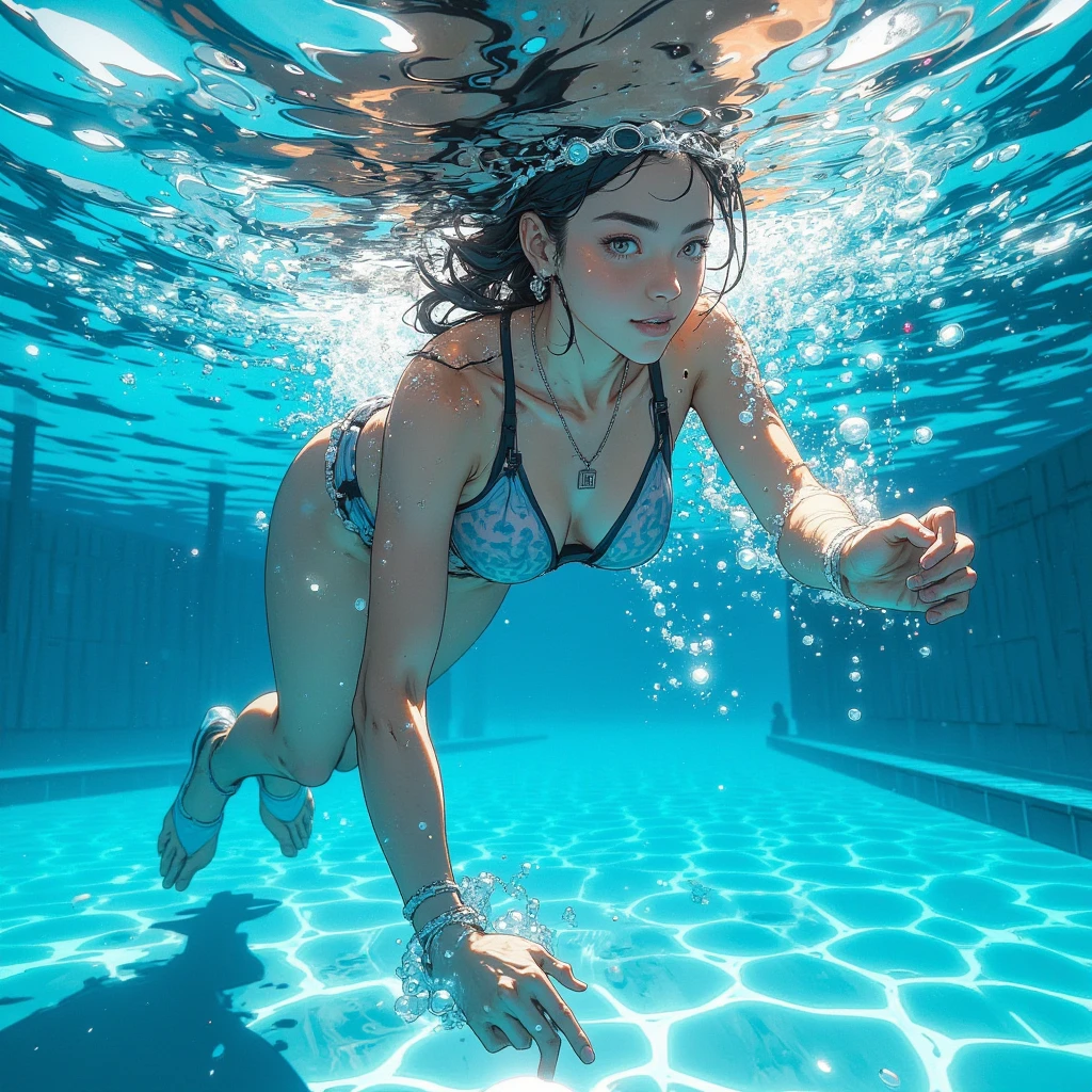 1girl, dives underwater, loose and short tunic, detailed skin texture, beautiful blue sea, sunlight streaming through the water, flowing wet hair, dreamlike atmosphere, vibrant underwater world, (8k, RAW photo, best quality, masterpiece:1.2),(realistic, photo-realistic:1.37),