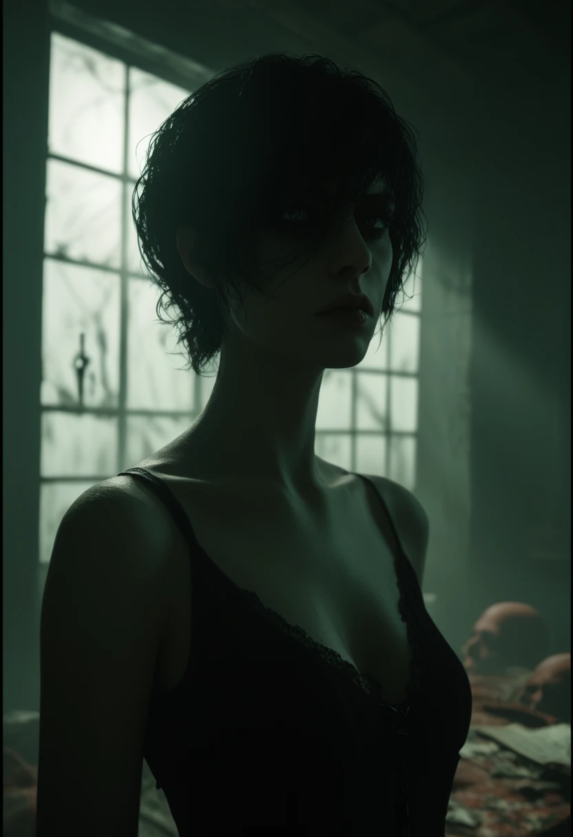(Best Quality,hight resolution,Masterpiece, half body shot:1.2),Ultra-detailed,woman dressed in black bra and thong,sickly,standing in a big abandoned cave, she's wearing very sexy lingerie, high waisted thong, horror sci-fi, perfect body, cold atmosphere, sci fi aesthetic, fishnet stockings and lingerie, centered subject,gloomy ???????,fetish,dark gloomy atmosphere, creepy atmosphere, gritty texture,Retro-atmosphere,warped reality,melancholic expression on his face,mysterious aura,foggy atmosphere,foggy background,Subtle color palette,provocative pose,Strong emotions,Coming Out of the Depths of Despair,Piercing gaze,intense shadows,Plunged in Darkness,dark industrial aesthetic,ominous vibe,A supernatural sensation,Loss of Place in Time and Space,Eerie silence.asymmetrical bangs, freckles, black short hair, Bangs, freckles, gray eyes,
