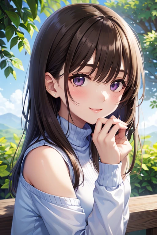 girl, solo, staring at the viewer, girl with white skin:1.6, (dark brown long fluffy hair:1.4, Side Part Hairstyle, stupid hair),  high school girl,  Very Short Girl , slender body, medium chest, detailed face, Neutral facial expression, dark purple eyes, smile, anime, 8k, high definition, studio lighting, portrait photo, Warm Palette, natural light, detailed background, Outdoors, tree, plant, blue sky, Cumulonimbus, Cute Poses, quiet, white turtleneck, long sleeve, SHOULDER CUT, jeans,   ,
.   、

,( masterpiece, best quality, high resolution, ultra high resolution, pixel perfect, depth of field, 4K, RTTX10.0),
、Anegasaki Nene, shiny brown hair, beautiful brown eyes, smiling face, sparkling pupils, (fine grain), , highly detailed face,, (masterpiece:1.2, best quality), ((only1 girl)), ((cowboy shot))