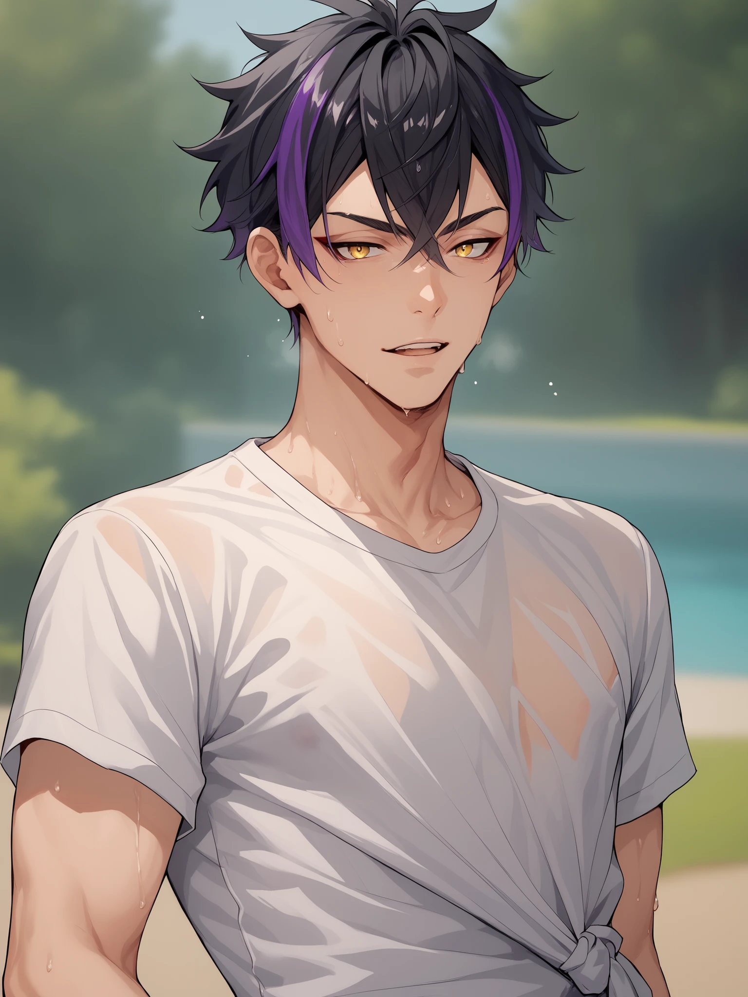 Anime man with thin black hair, yellow sharp eyes, emotionless and cold personality. Has one purple highlight, solo, blurry background, taking off shirt, shirt off, sweating, summer heat