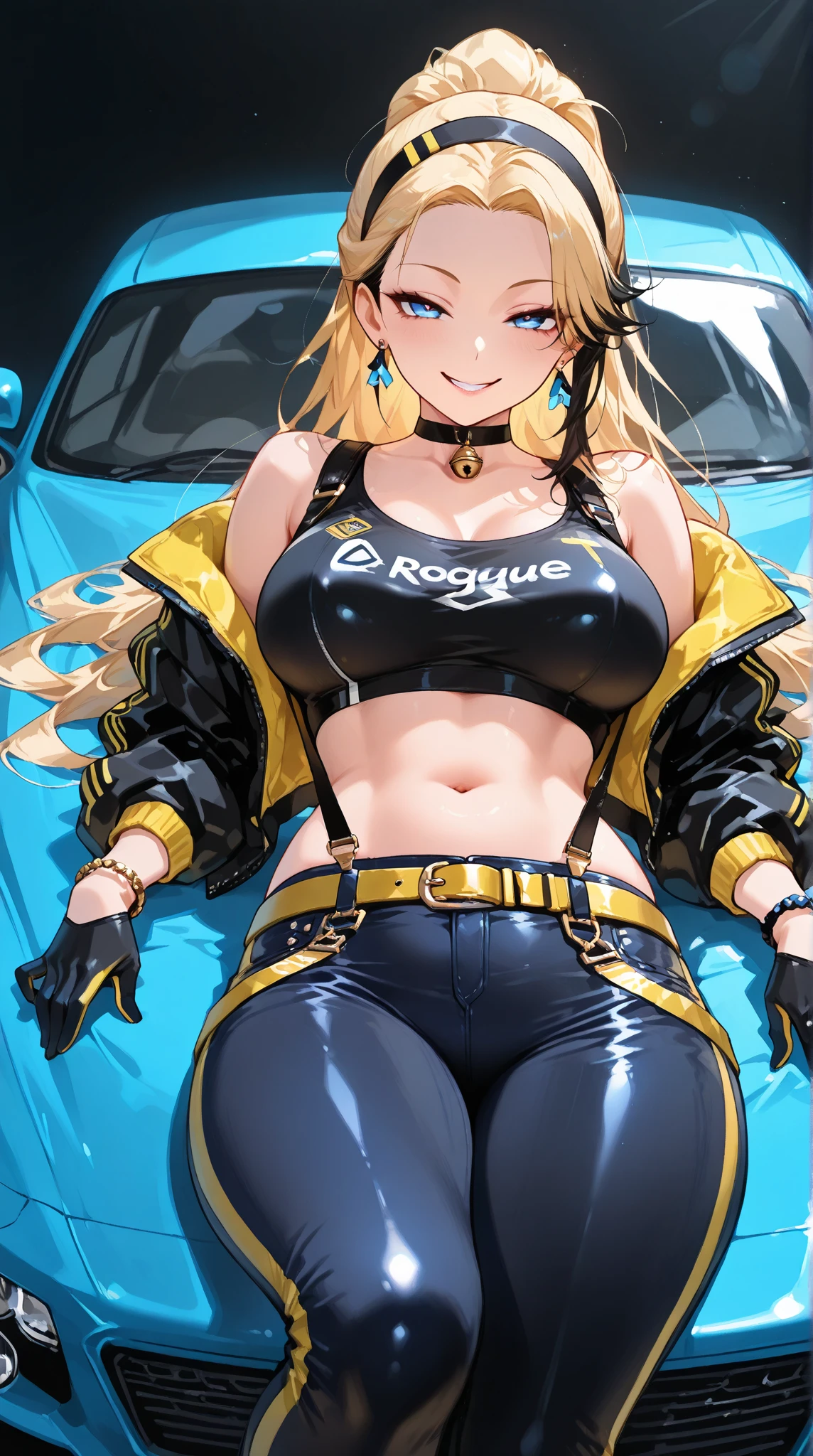beautiful girl, Visor Sunshade, Cyber City, cyber punk, Blue and yellow jacket, Big Breasts, Cleavage, sexy,