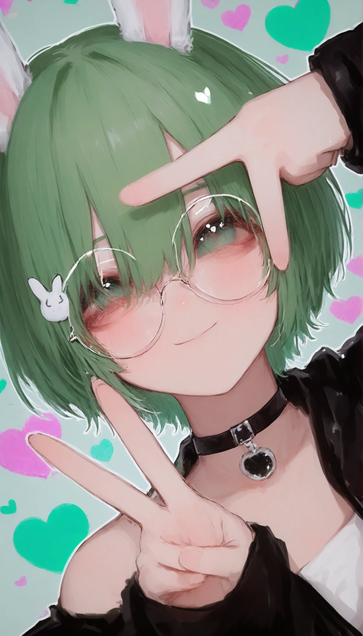 1girl, solo, animal ears, rabbit ears, choker, glasses, round eyewear, green hair, short hair, looking at viewer, hair between eyes, heart, bangs, black choker, dynamic angle, v, peace sign