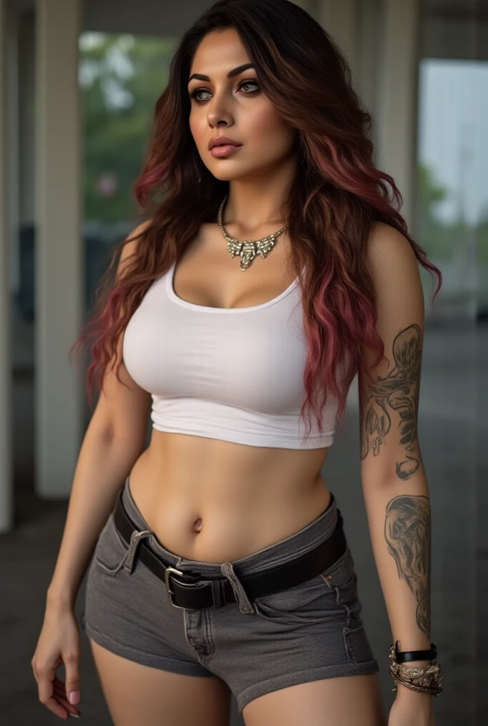 Beautiful Thai girl with fair pink skin, long hair, hourglass figure, large breasts,huge boobs, gigantic boobs, wearing a black crop top, low waist, navel piercing, short pants, standing and posing provocatively, close to the wall in an abandoned building.