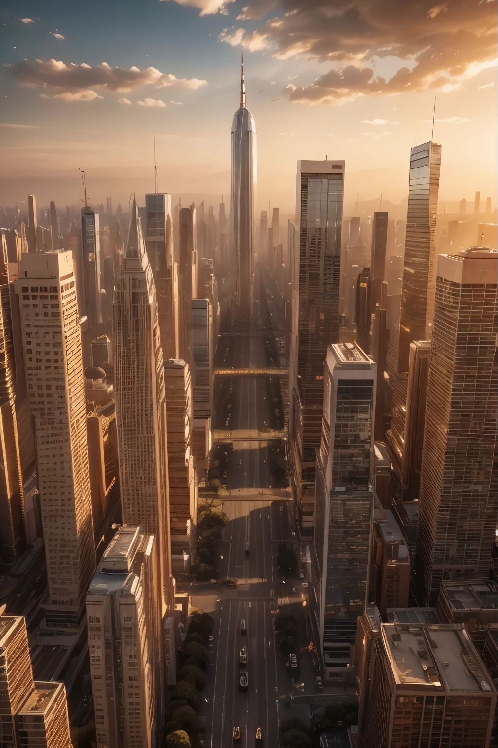 a warm, golden light illuminates a city, cityscape, modern architecture, skyscrapers, high-rise buildings, busy streets, people walking, cars driving, detailed, cinematic lighting, dramatic, photorealistic, 4k, studio lighting, high-resolution, volumetric lighting, hyper-realistic, professional photography