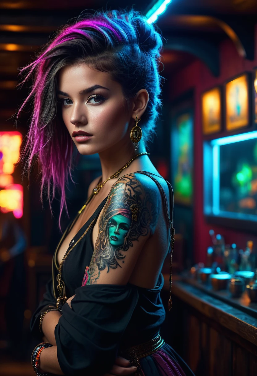 (masterwork:1.1), (photorealism:1.1), ((high angle POV:1.4)), (1girl), (looking up to camera:1.2), whole arm tattoo, flushed, alternative woman, (open mouth), (luxury dress:1.1), golden chocker, detailed photograph, high detailed, HDR, sharp focus, focus on face, medium breasts, dark eyeliner, lipstick, (stay near billiard table), at night, background lights, color photo, shallow depth of field, damp hair, night club light