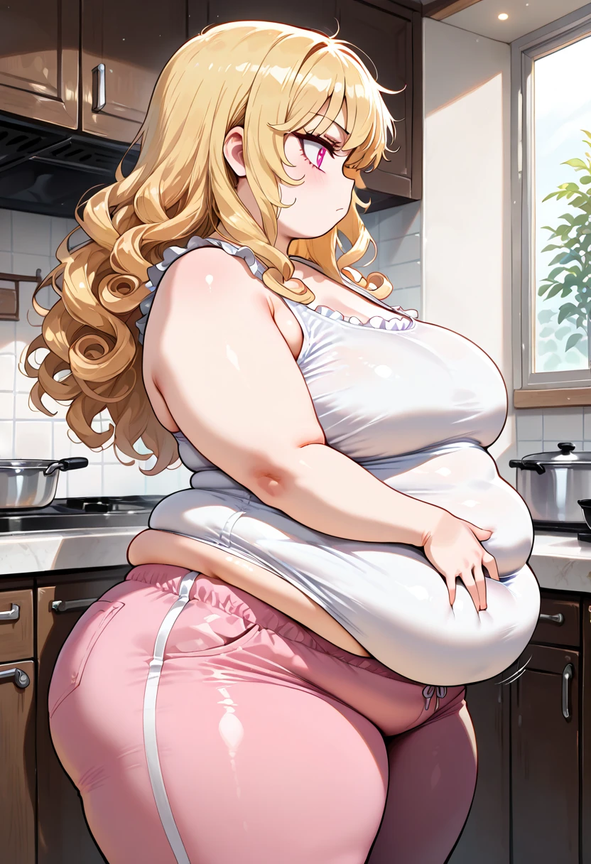 Blonde hair, long hair, obese belly, (obese belly:1.4), obese face, obese arms, obese legs, obese breasts, (obese breasts:1.4), big breasts, topless, no shirt, cleavage, massive flabby belly, blue jeans, nose ring, choker necklace, in laboratory, out of breath, detailed background, lots of detail,