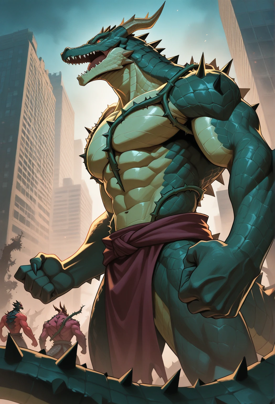 Shendu, Male, Solo, Muscular, Abs, Big Pectorals, Wearing Blue Loincloth, Red glowing eyes, Scales, Dark Green Colored body, claws, dragon tail, Middle of City background, Grinning, Daddy Vibe, Arms on Side, (Realistic Shadows, Depth of field, Wide Dynamic Field, Dark Shadows, HDR, Low Light: 1.2, Low Angle Full Body Shot)), (by null-ghost, by darkgem, by Chunie),