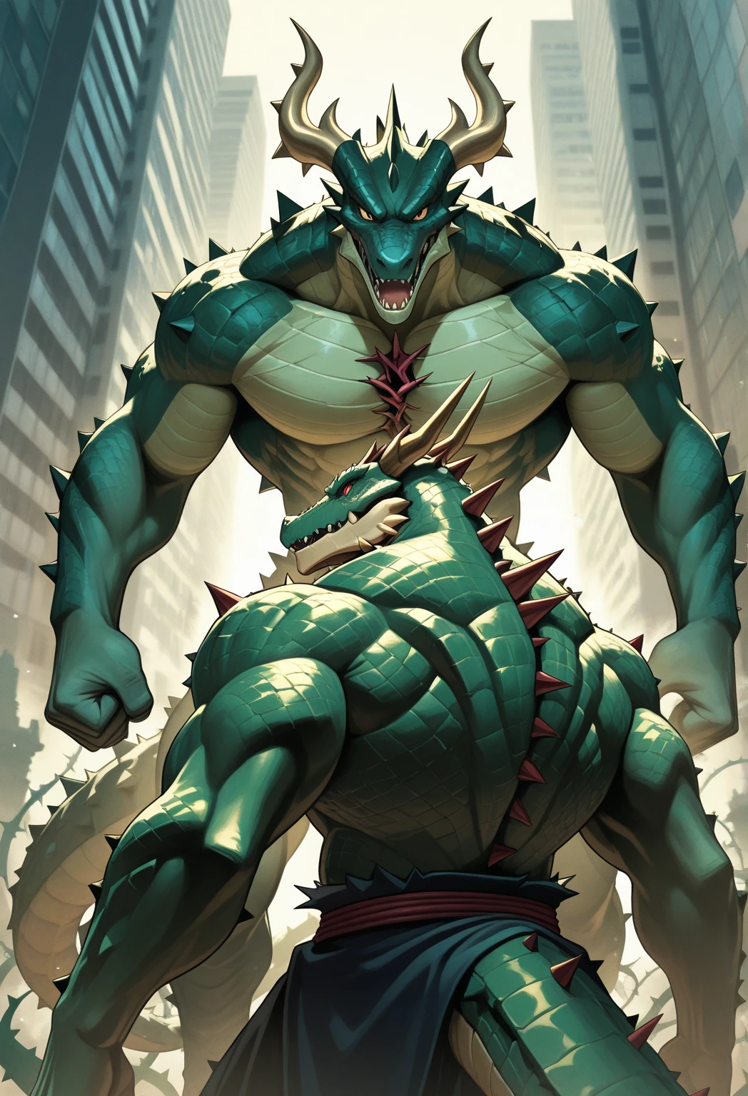 ((best quality)), ((masterpiece)), (detailed), 1 amphibious creature, full body, piranha creature, monster piranha, large piranha head, somewhat long neck, smooth head, sharp teeth, orange eyes, reptile eyes, gills, tall and thin, thick arms, thin forearms, claws, lizard arms, long fingers, light blue wristbands, orange ball headband, shoulder pads with piranha head emblem, reptilian legs, goana lizard body, light blue body, yellowish orange belly, thin thighs, thick legs, superhero belt, long tail, standing on a table in a threatening pose, hunchbacked posture, shattered laboratory background
