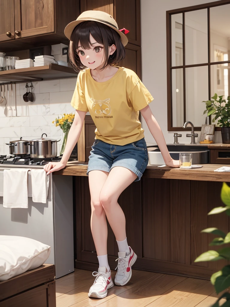 (masterpiece), (best quality), ultra hi res, 8k (extremely detailed CG unity 8K wallpaper), beautiful  girl, child, cute,iled face, detailed eyes, bob cut, hair ornament, pink casual shirt, (white shorts), bare foot, naughty pose, in the kitchen, kitchen environment, crowd, many people in background, perfect lighting, hdr