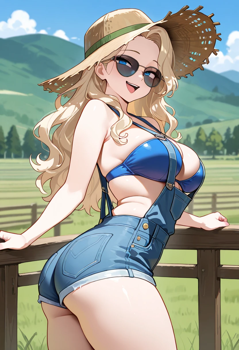 1girl, Gina Diggers (Character), blonde hair, coke bottle glasses, blue eyes, beautiful eyes, blonde hair, large bust, plaid sleeveless flannel shirt. Tie it at the waist, short shorts, slim and voluptuous figure, Indian Jones hat, bangs, jungle ruins in the beach, high details, high resolution, 1 girl, realistic, bikini,